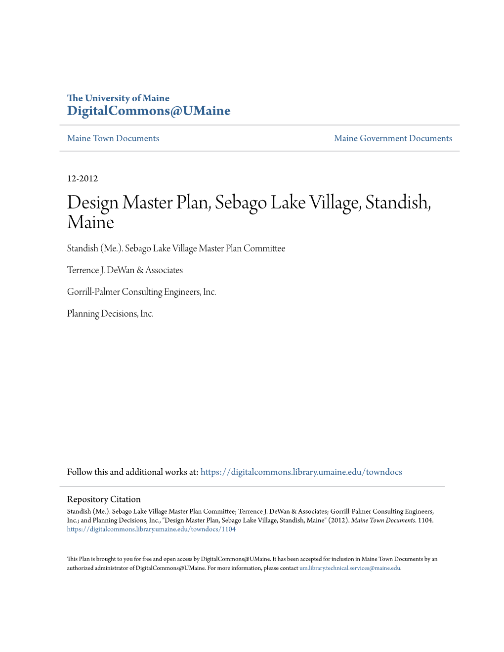 Design Master Plan, Sebago Lake Village, Standish, Maine Standish (Me.)