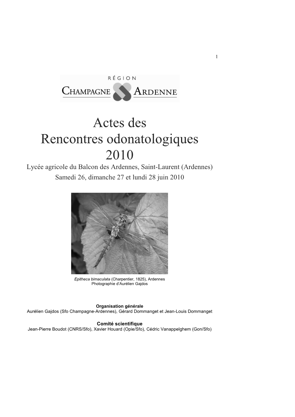 SFO – Actes Des Rencontres Odonatologiques 2010