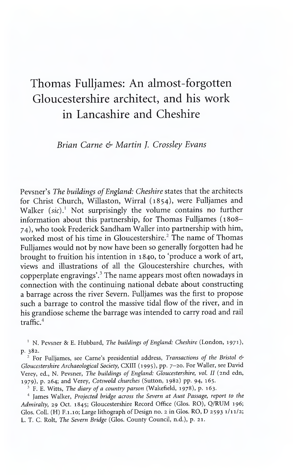 Thomas Fulljames: an Almost-Forgotten Gloucestershire Architect, and His Work in Lancashire and Cheshire