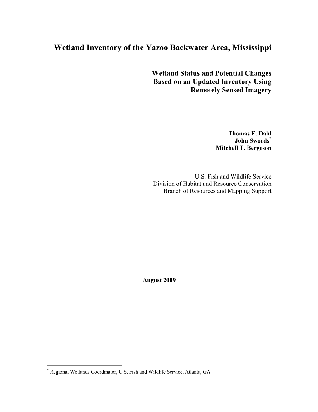 Wetland Inventory of the Yazoo Backwater Area, Mississippi