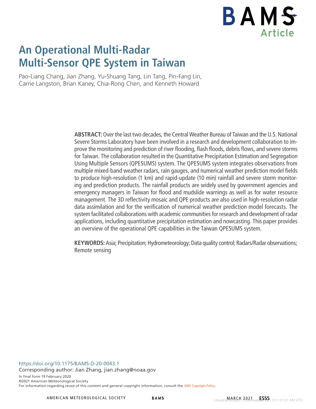 An Operational Multi-Radar Multi-Sensor QPE System in Taiwan