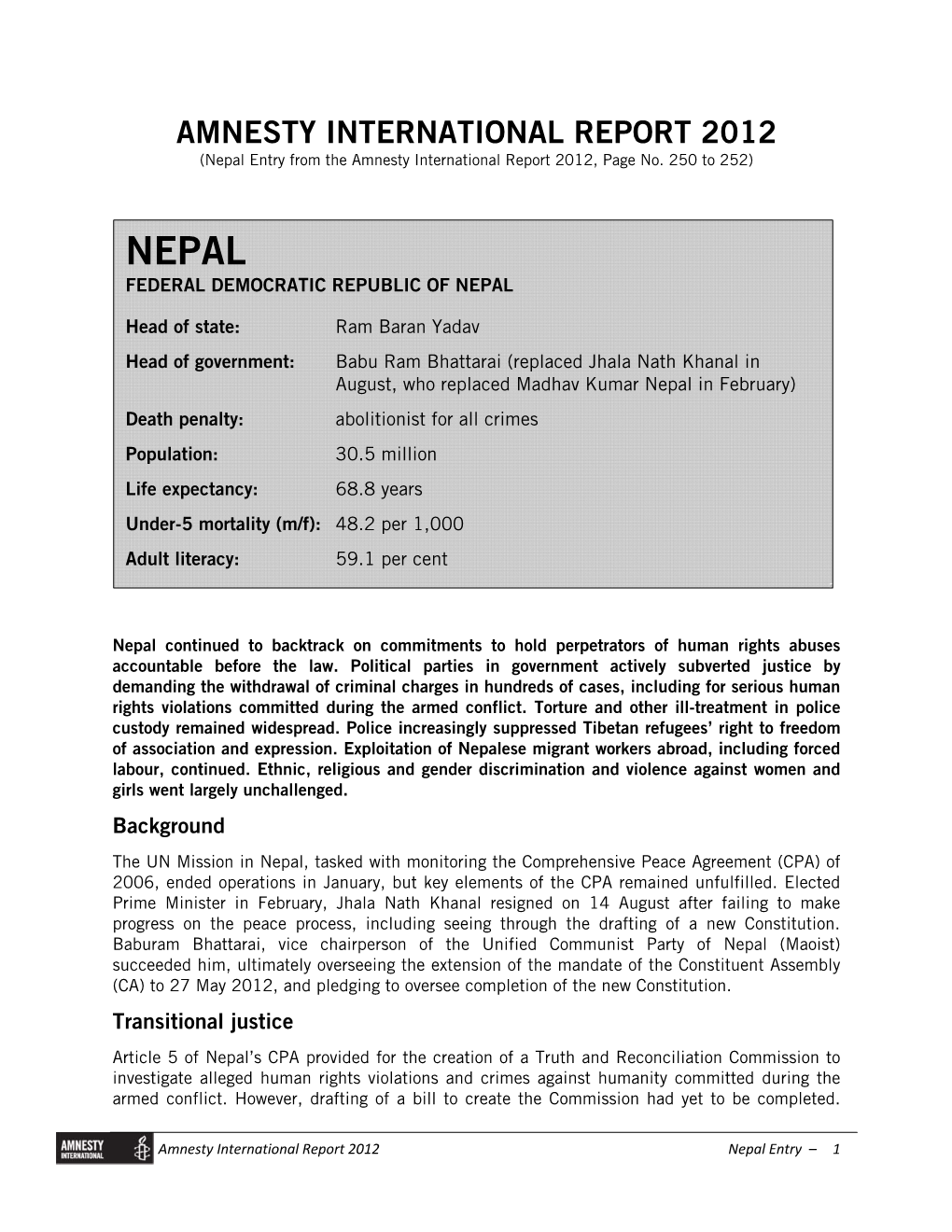 AMNESTY INTERNATIONAL REPORT 2012 (Nepal Entry from the Amnesty International Report 2012, Page No