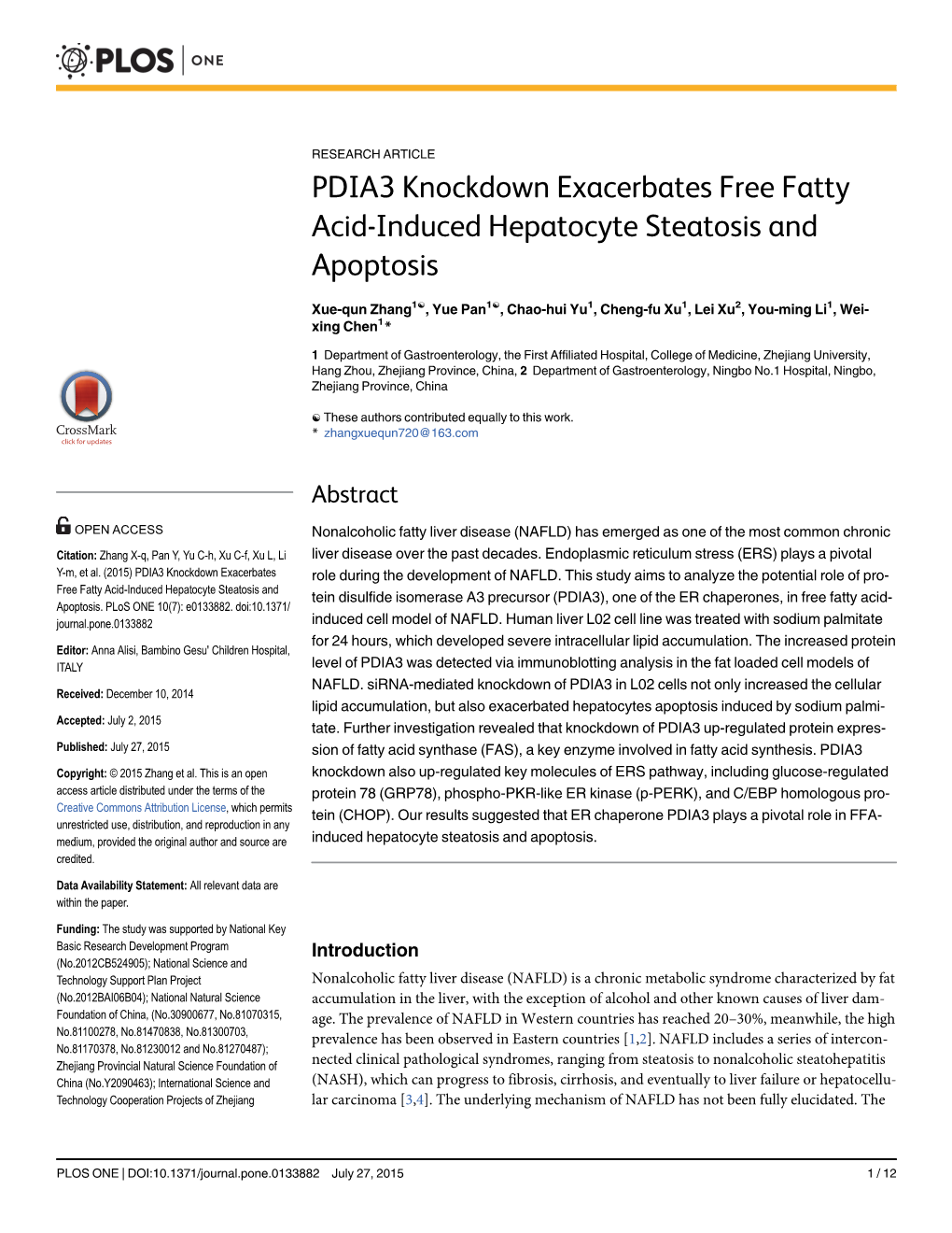 PDIA3 Knockdown Exacerbates Free Fatty Acid-Induced Hepatocyte Steatosis and Apoptosis