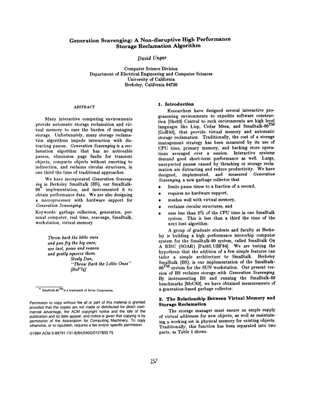 Generation Scavenging: a Non-Disruptlve High Perfornm.Nce Storage Reclamation Algorithm