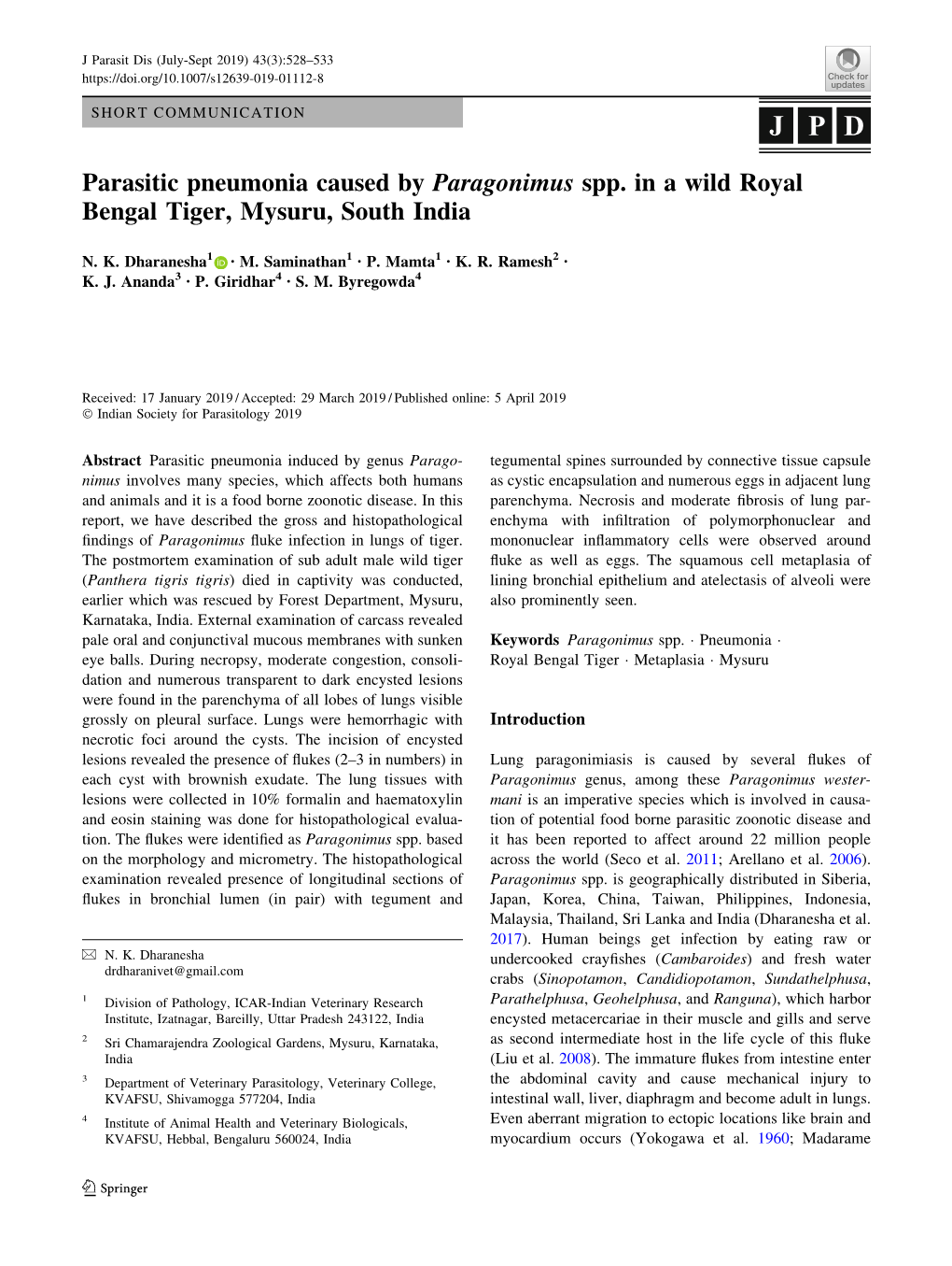 Parasitic Pneumonia Caused by Paragonimus Spp. in a Wild Royal Bengal Tiger, Mysuru, South India