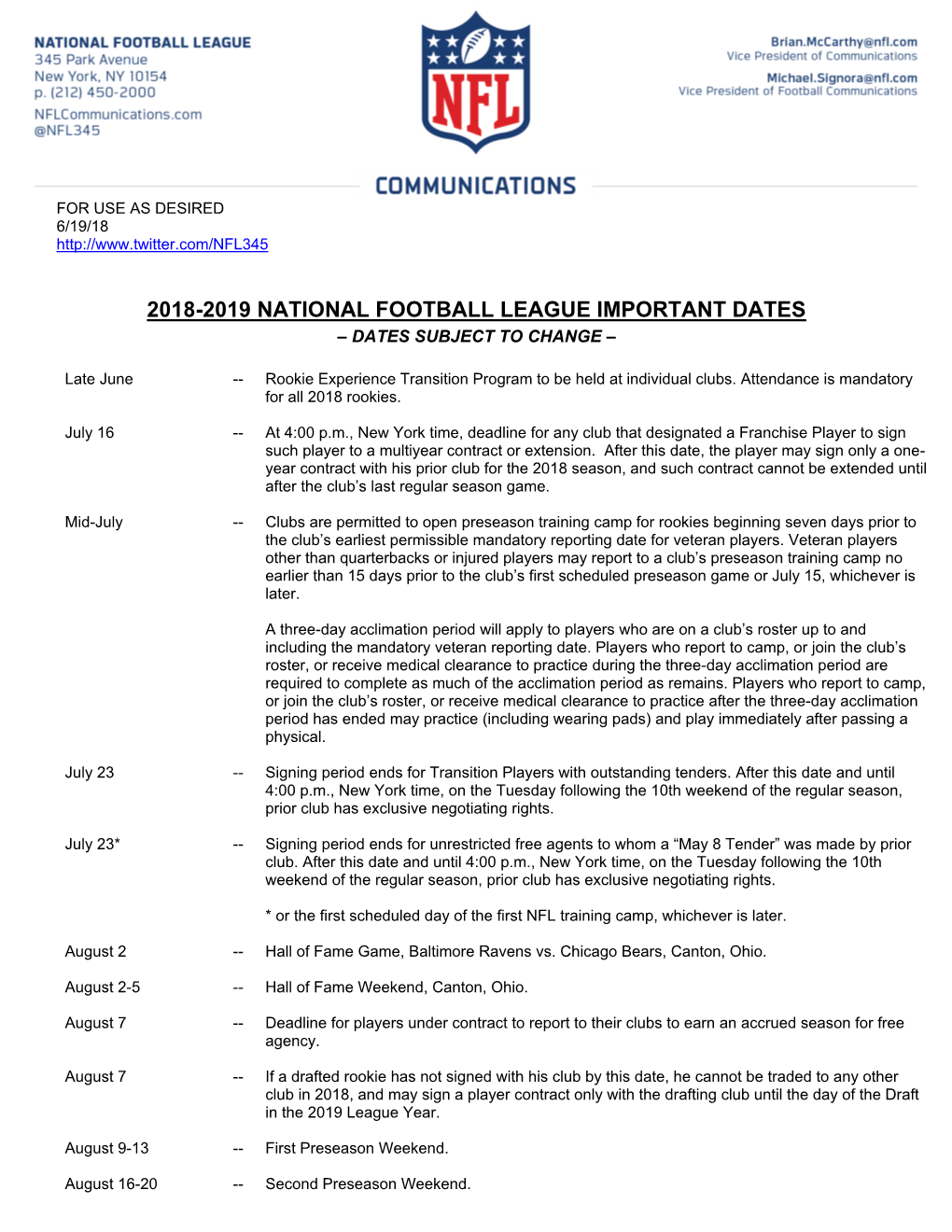 2018-2019 National Football League Important Dates – Dates Subject to Change –