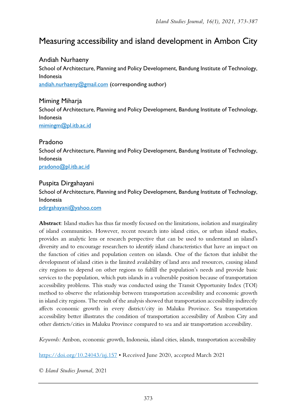 Measuring Accessibility and Island Development in Ambon City