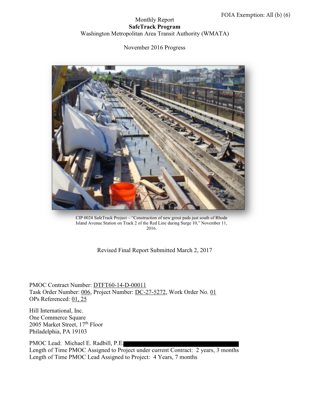 FTA PMOC WMATA Safetrack Oversight Progress Report November 2016 Activities