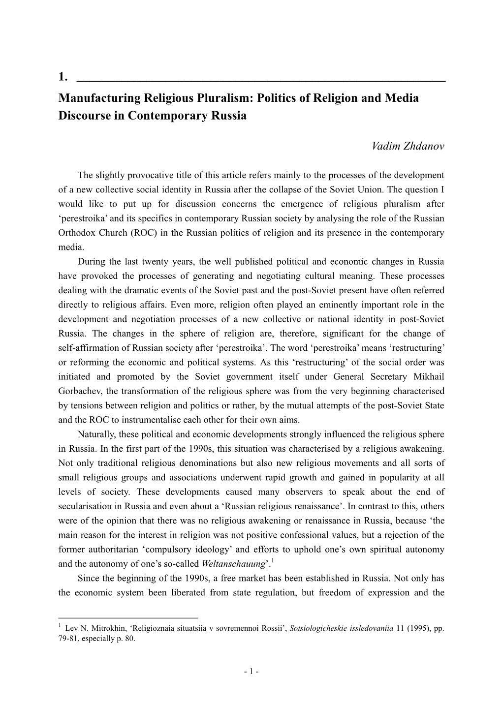 Manufacturing Religious Pluralism: Politics of Religion and Media Discourse in Contemporary Russia