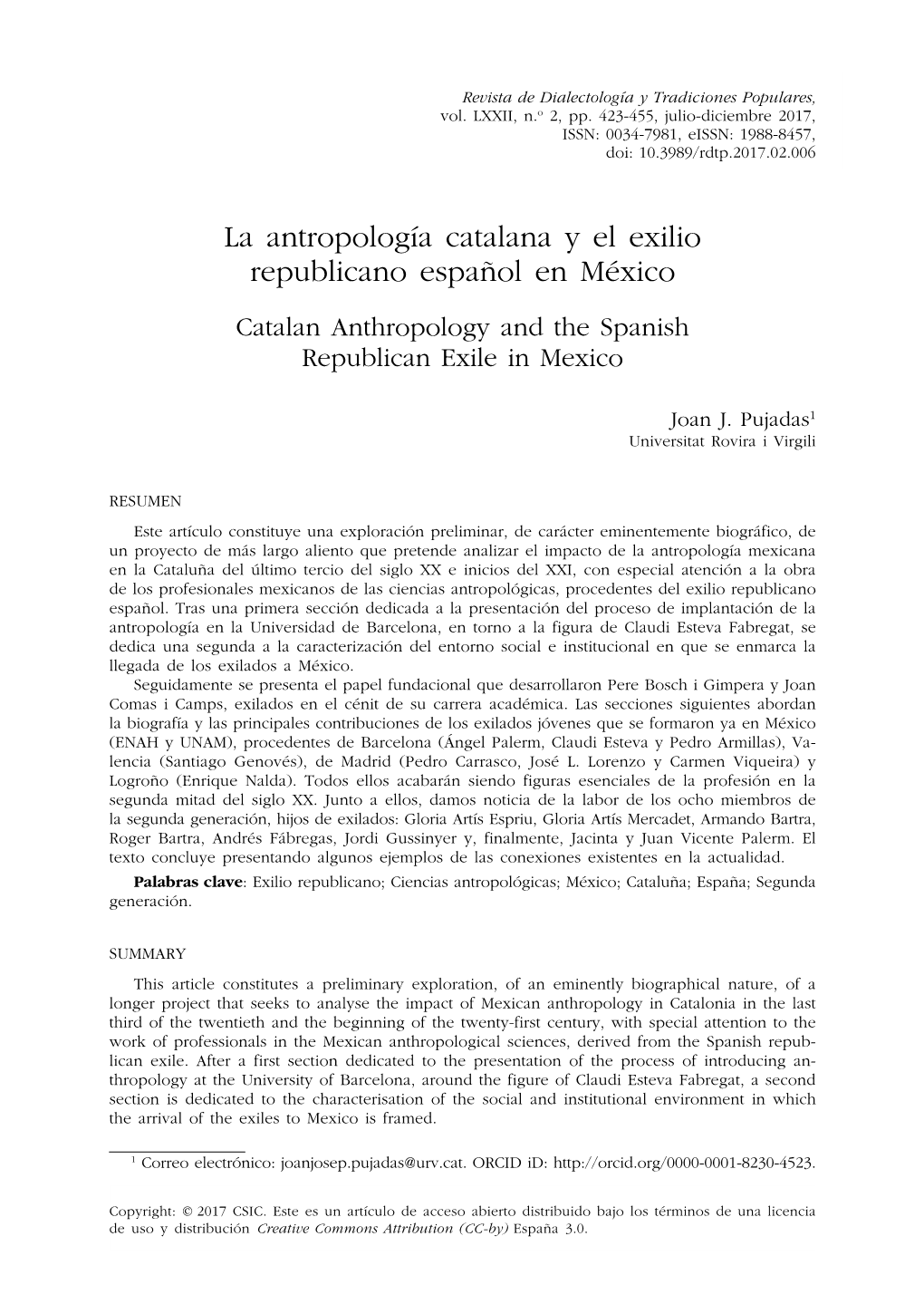 La Antropología Catalana Y El Exilio Republicano Español En México Catalan Anthropology and the Spanish Republican Exile in Mexico