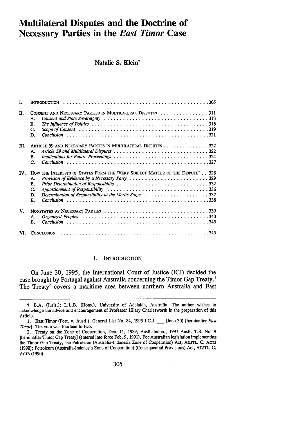 Multilateral Disputes and the Doctrine of Necessary Parties in the East Timor Case