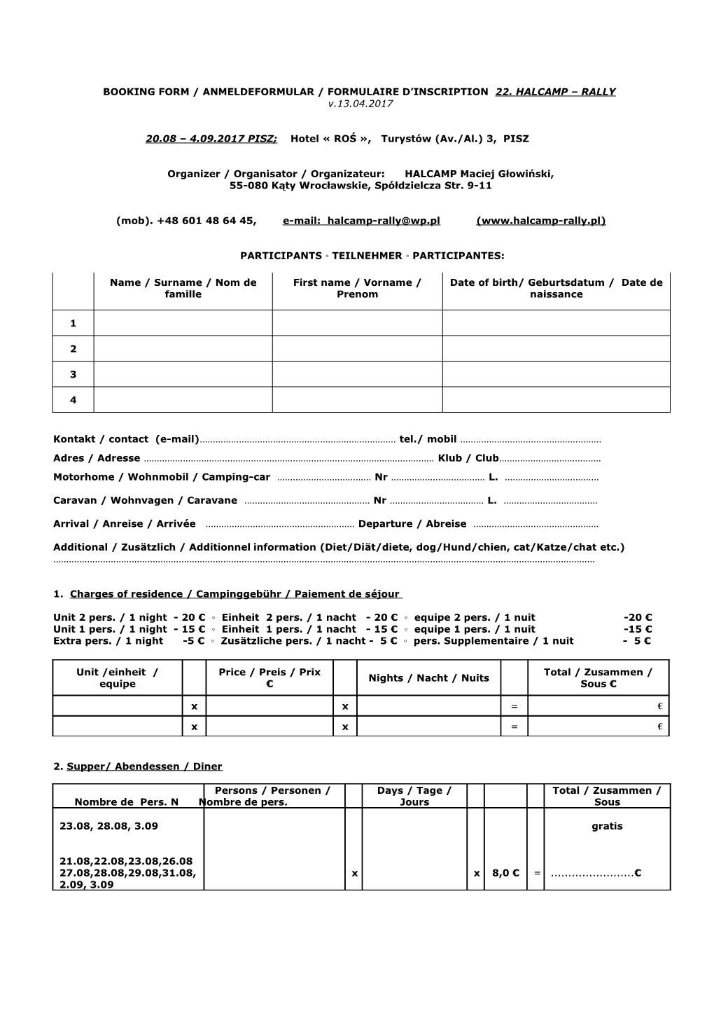 Booking Form / Anmeldeformular / Formulaire D Inscription 22