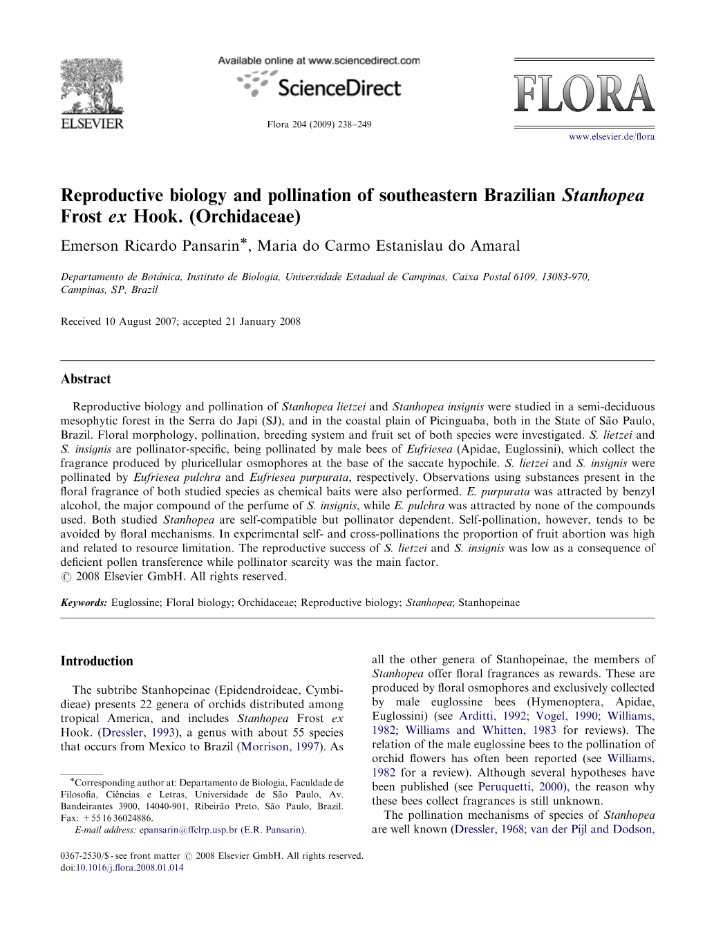 Reproductive Biology and Pollination of Southeastern Brazilian Stanhopea Frost Ex Hook