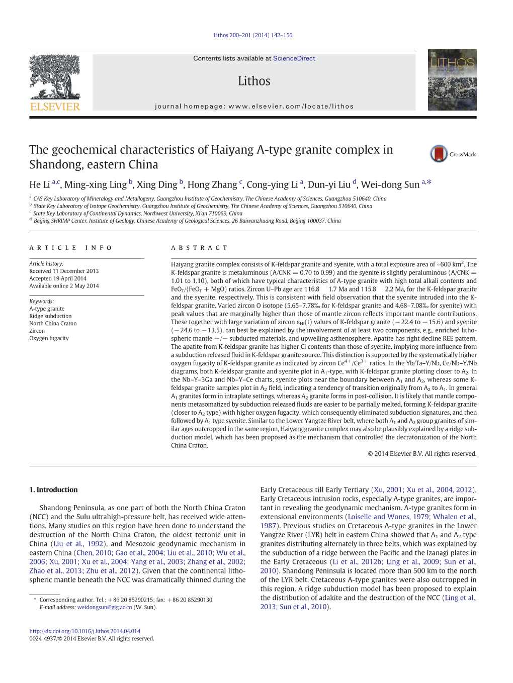 The Geochemical Characteristics of Haiyang A-Type Granite Complex in Shandong, Eastern China