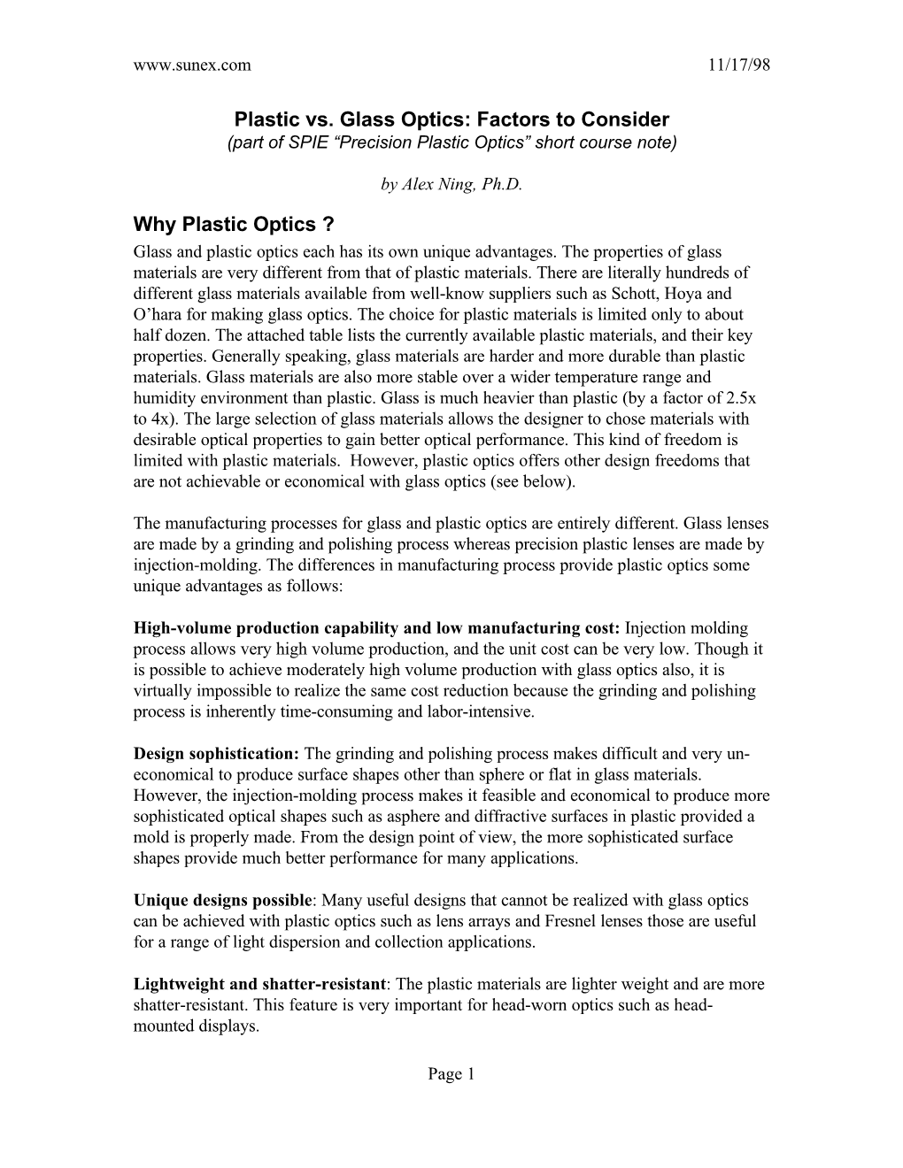 Plastic Vs. Glass Optics: Factors to Consider (Part of SPIE “Precision Plastic Optics” Short Course Note)