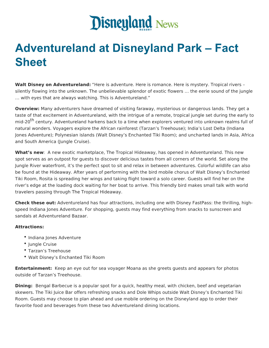 Adventureland at Disneyland Park – Fact Sheet