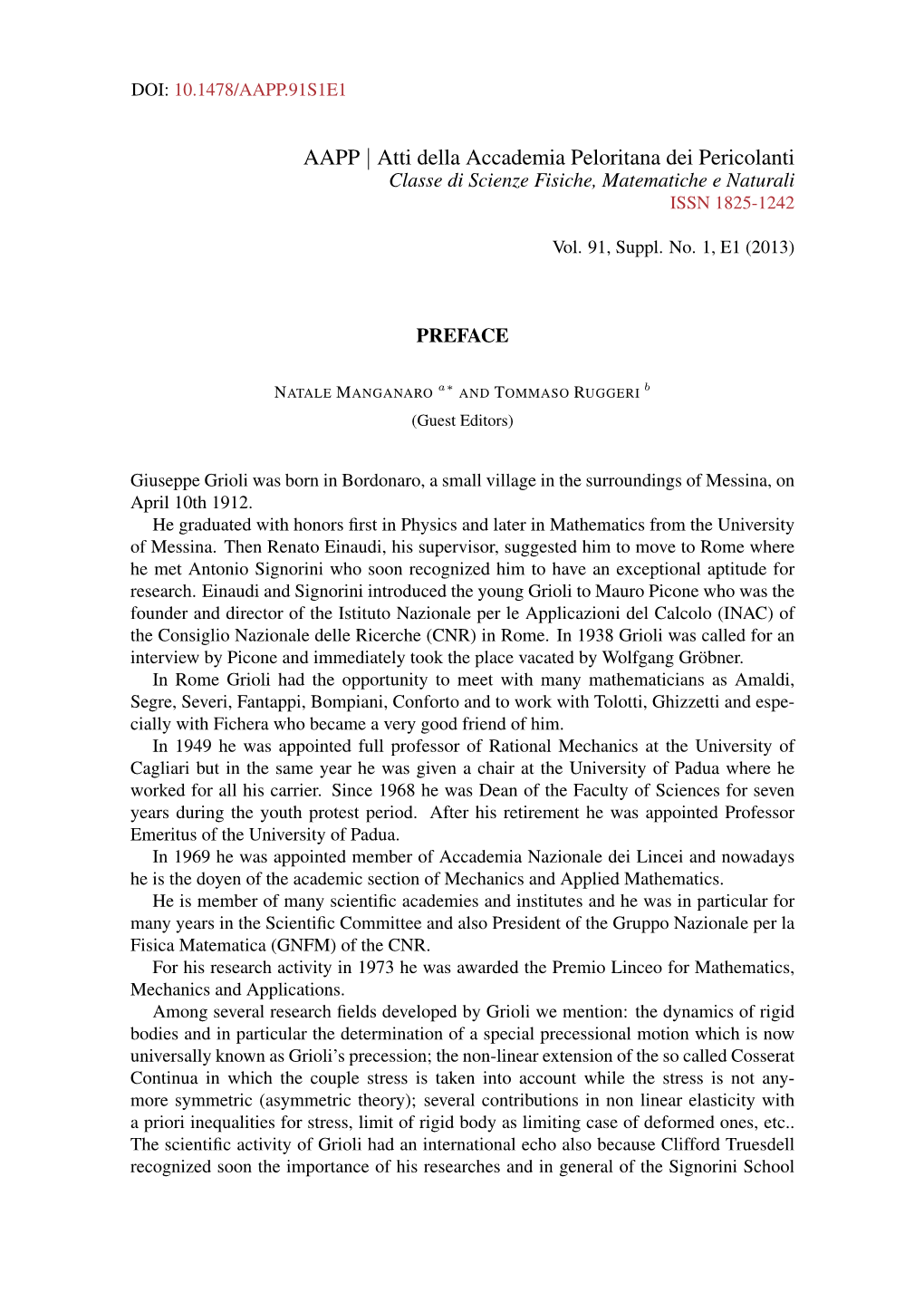 AAPP | Atti Della Accademia Peloritana Dei Pericolanti Classe Di Scienze Fisiche, Matematiche E Naturali ISSN 1825-1242