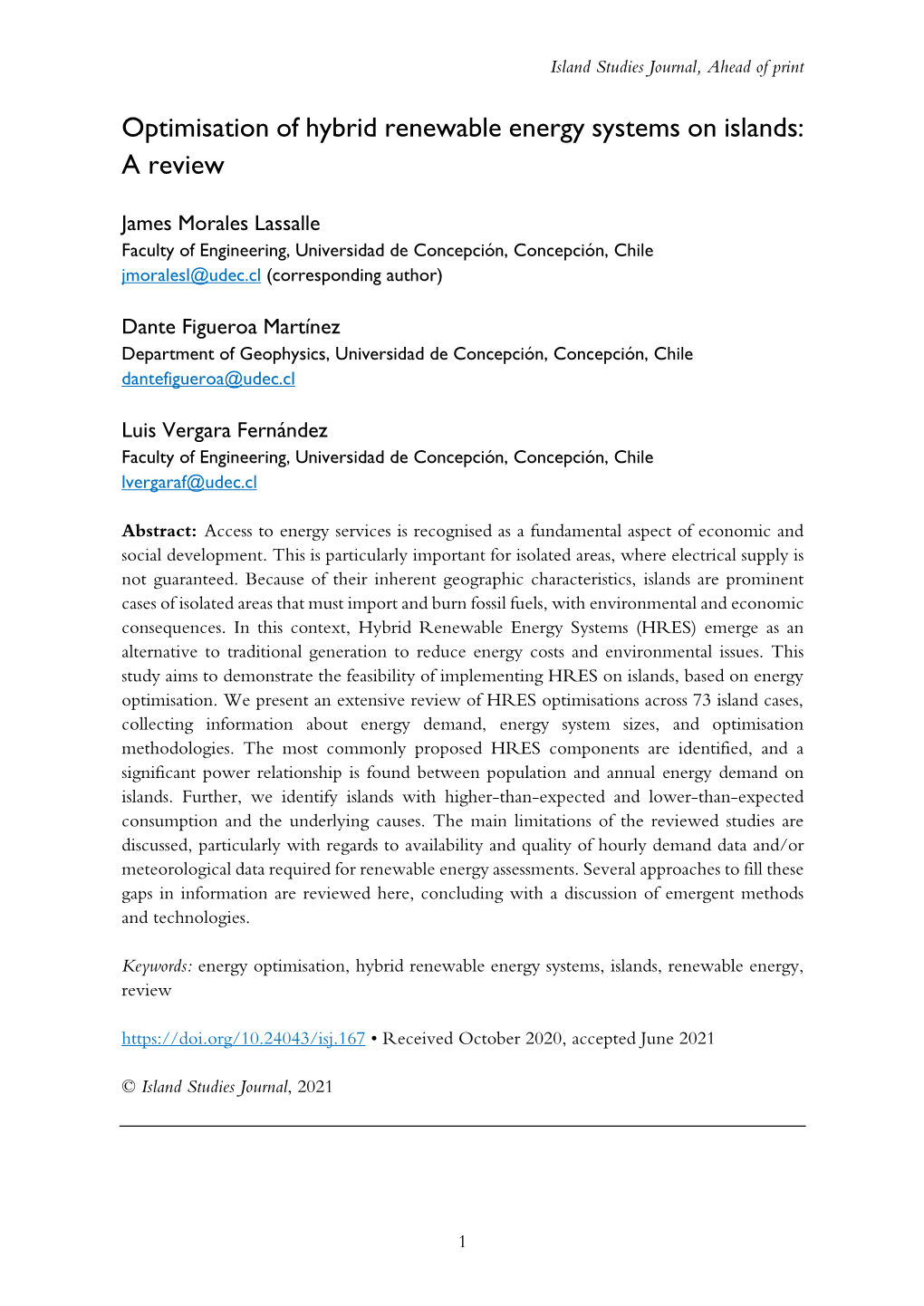 Optimisation of Hybrid Renewable Energy Systems on Islands: a Review