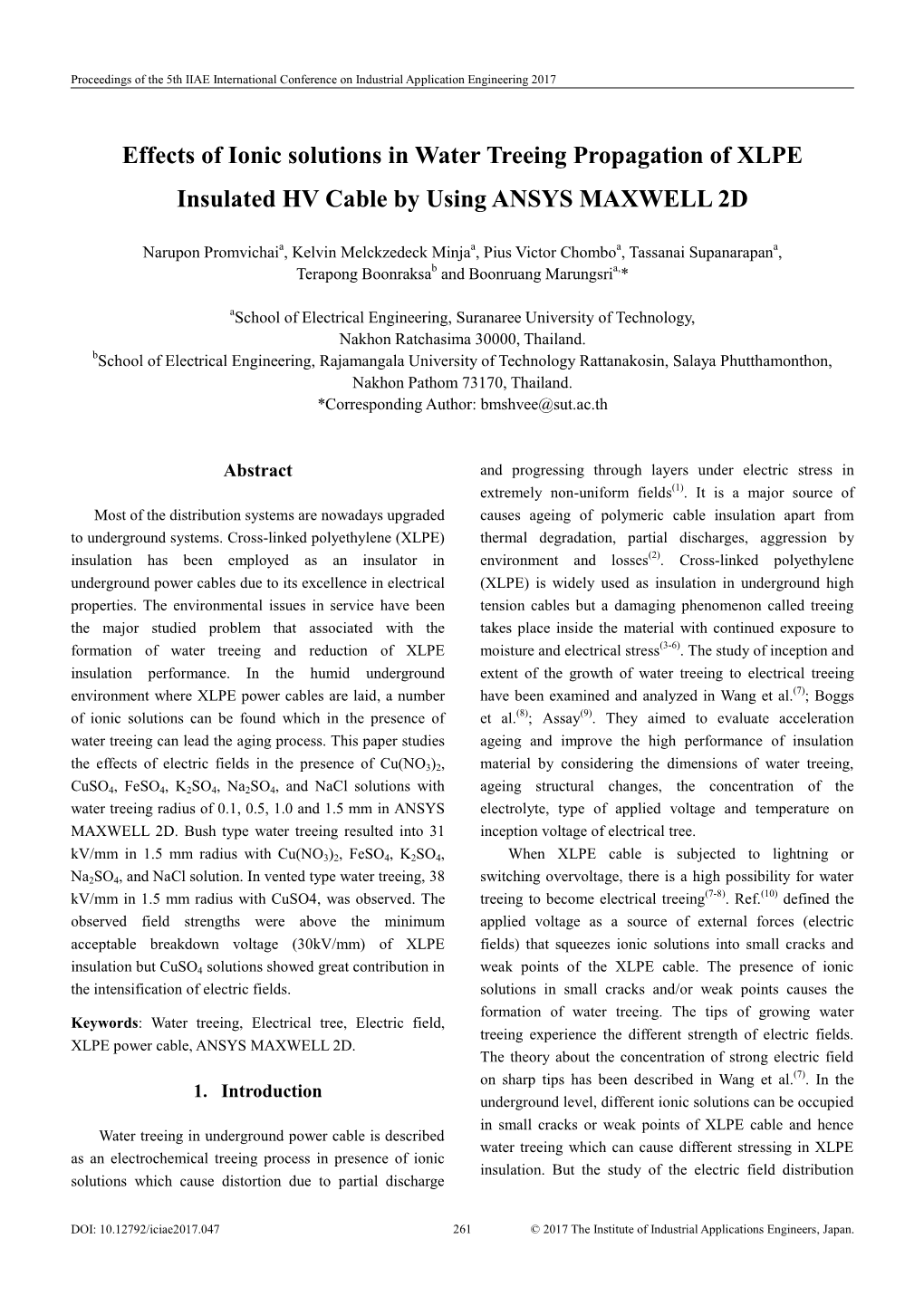 Effects of Ionic Solutions in Water Treeing Propagation of XLPE Insulated HV Cable by Using ANSYS MAXWELL 2D