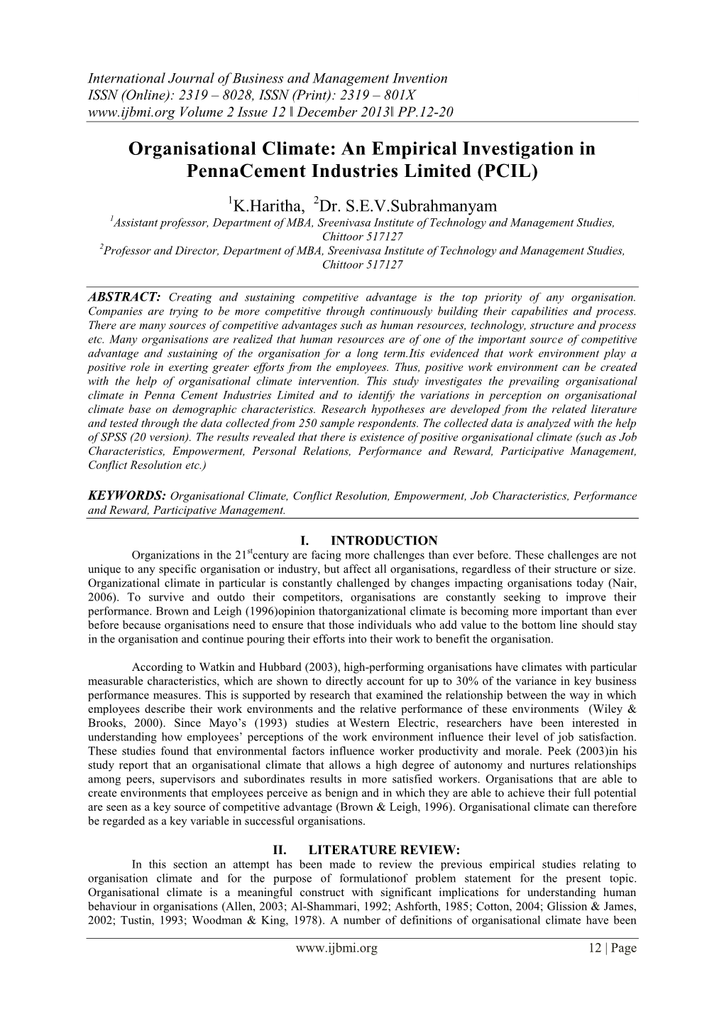 Organisational Climate: an Empirical Investigation in Pennacement Industries Limited (PCIL)