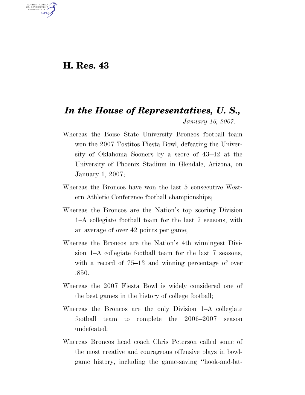 H. Res. 43 in the House of Representatives, U