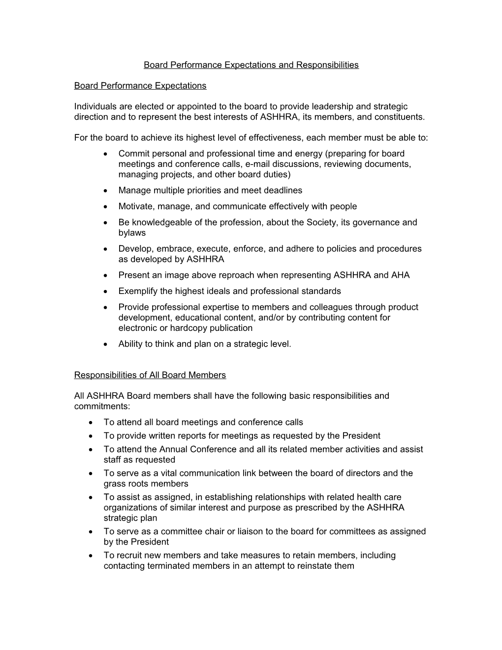 Board Performance Expectations