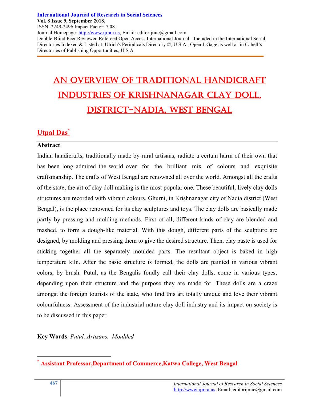 An Overview of Traditional Handicraft Industries of Krishnanagar Clay Doll, District-Nadia, West Bengal