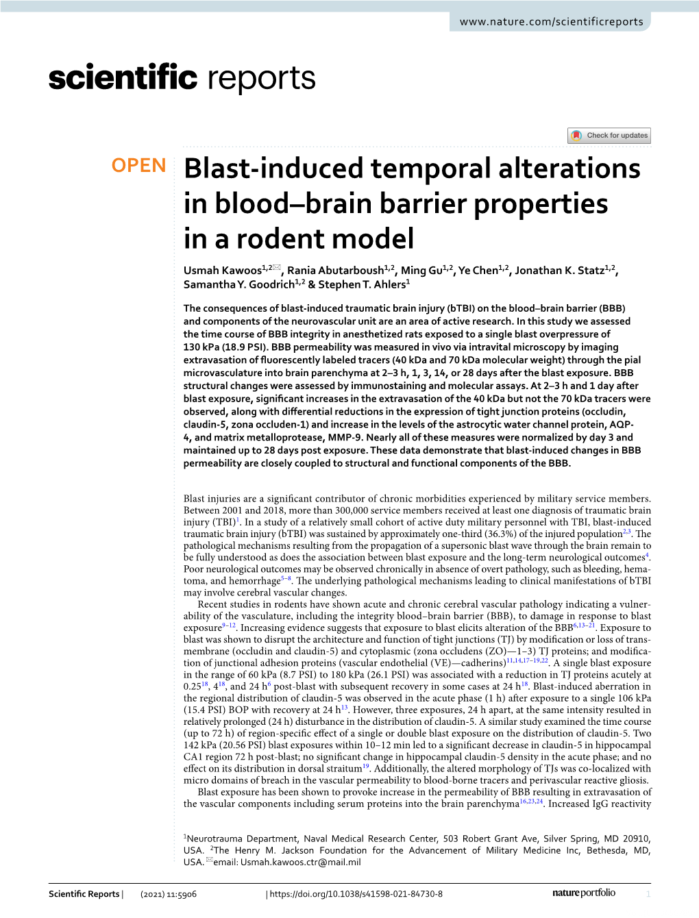Blast-Induced Temporal Alterations in Blood–Brain Barrier Properties in A