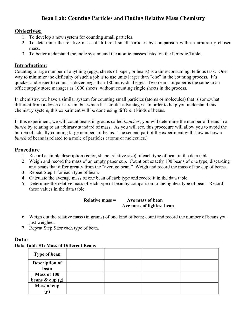 Bean Lab: Counting Particles and Finding Relative Mass Chemistry