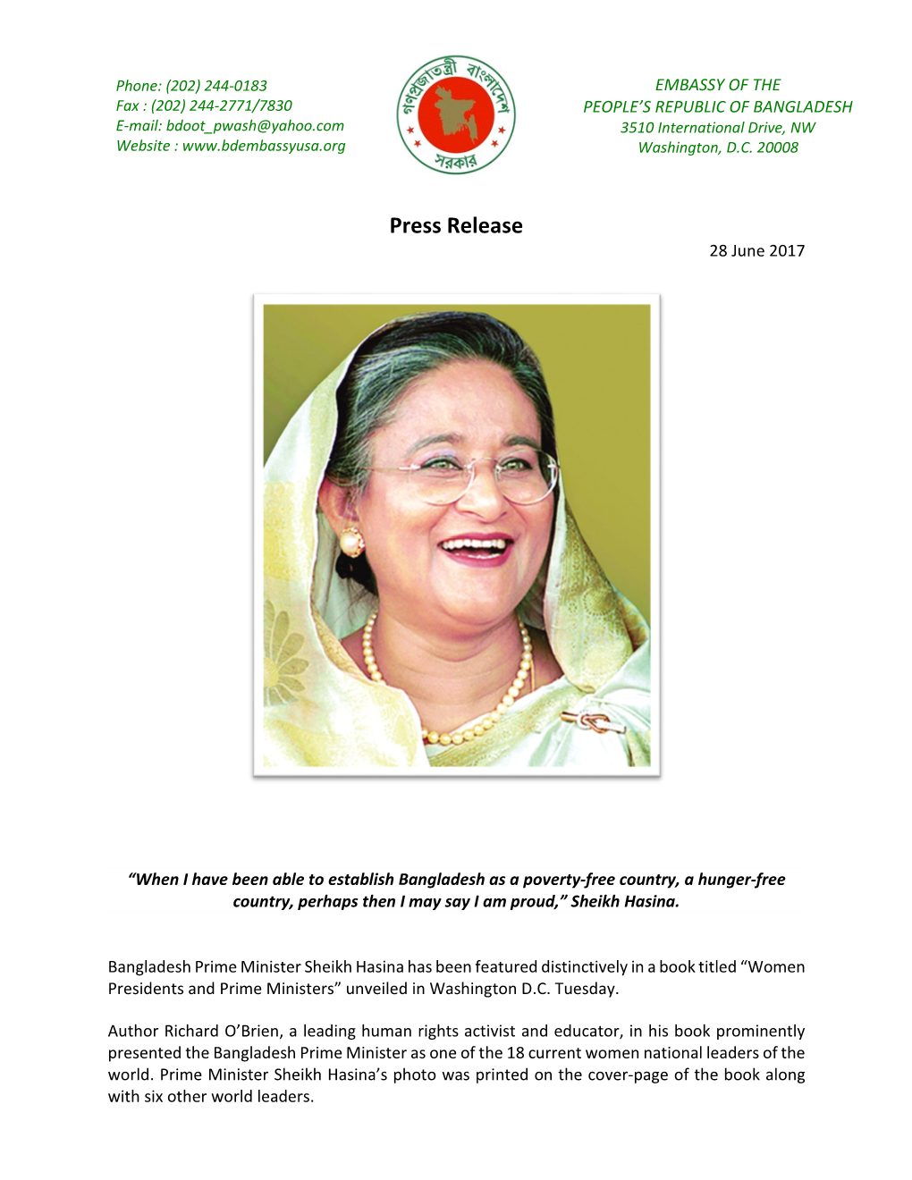 Bangladesh Prime Minister Sheikh Hasina Has Been Featured Distinctively in a Book Titled “Women Presidents and Prime Ministers” Unveiled in Washington D.C