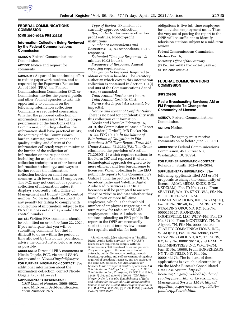 Federal Register/Vol. 86, No. 77/Friday, April 23, 2021/Notices