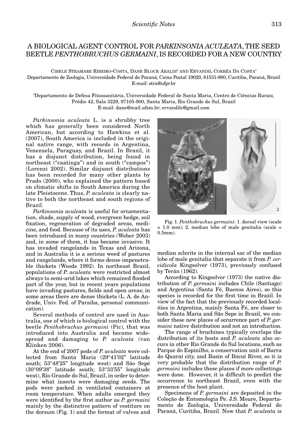 A Biological Agent Control for Parkinsonia Aculeata, the Seed Beetle Penthobruchus Germaini, Is Recorded for a New Country