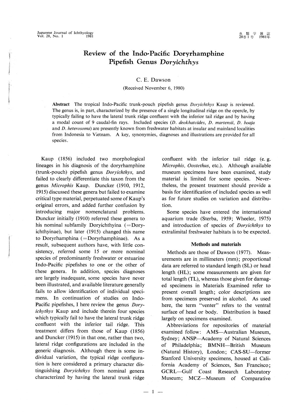 Review of the Indo-Pacific Doryrhamphine Pipefish Genus Doryichthys