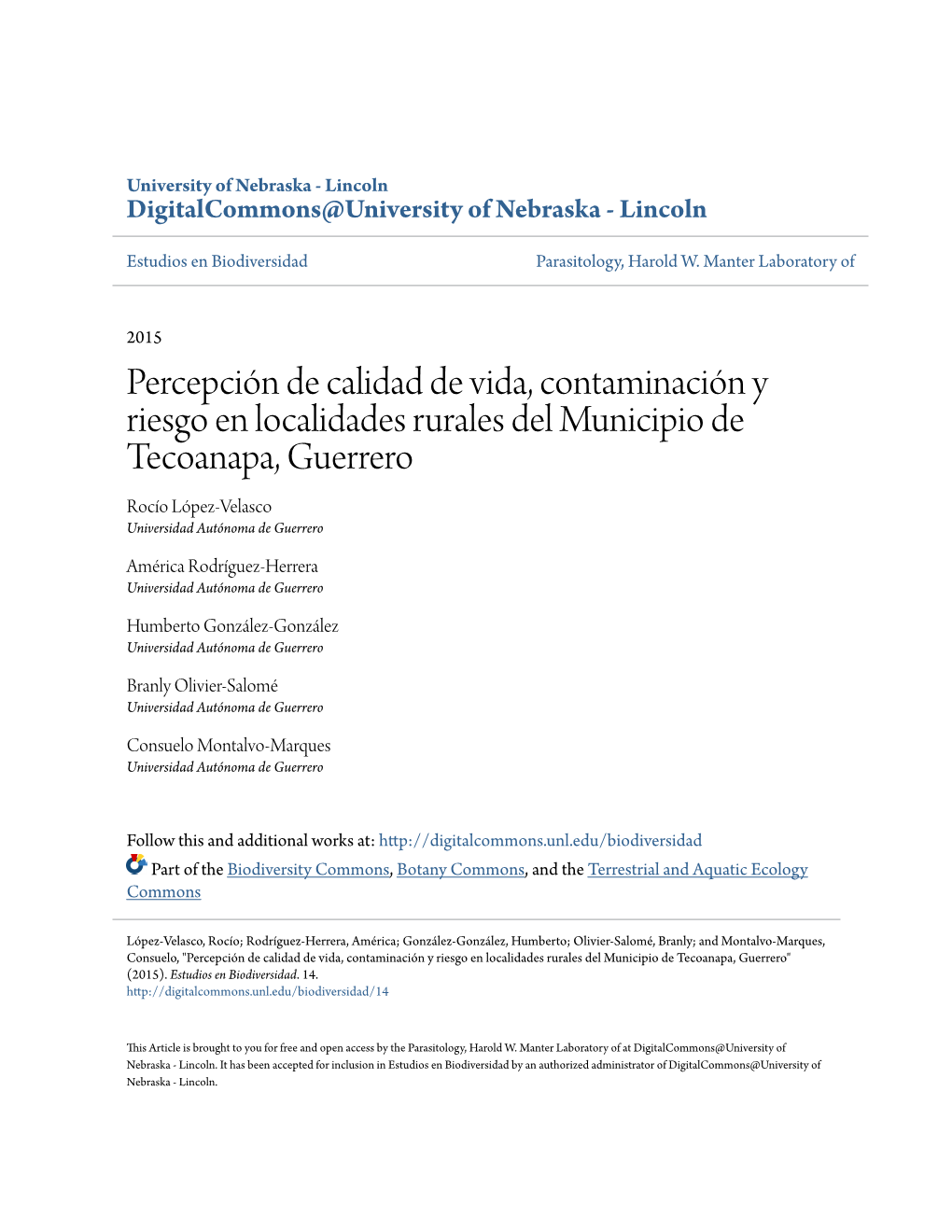 Percepción De Calidad De Vida, Contaminación Y Riesgo En Localidades Rurales Del Municipio De Tecoanapa, Guerrero Rocío López-Velasco Universidad Autónoma De Guerrero