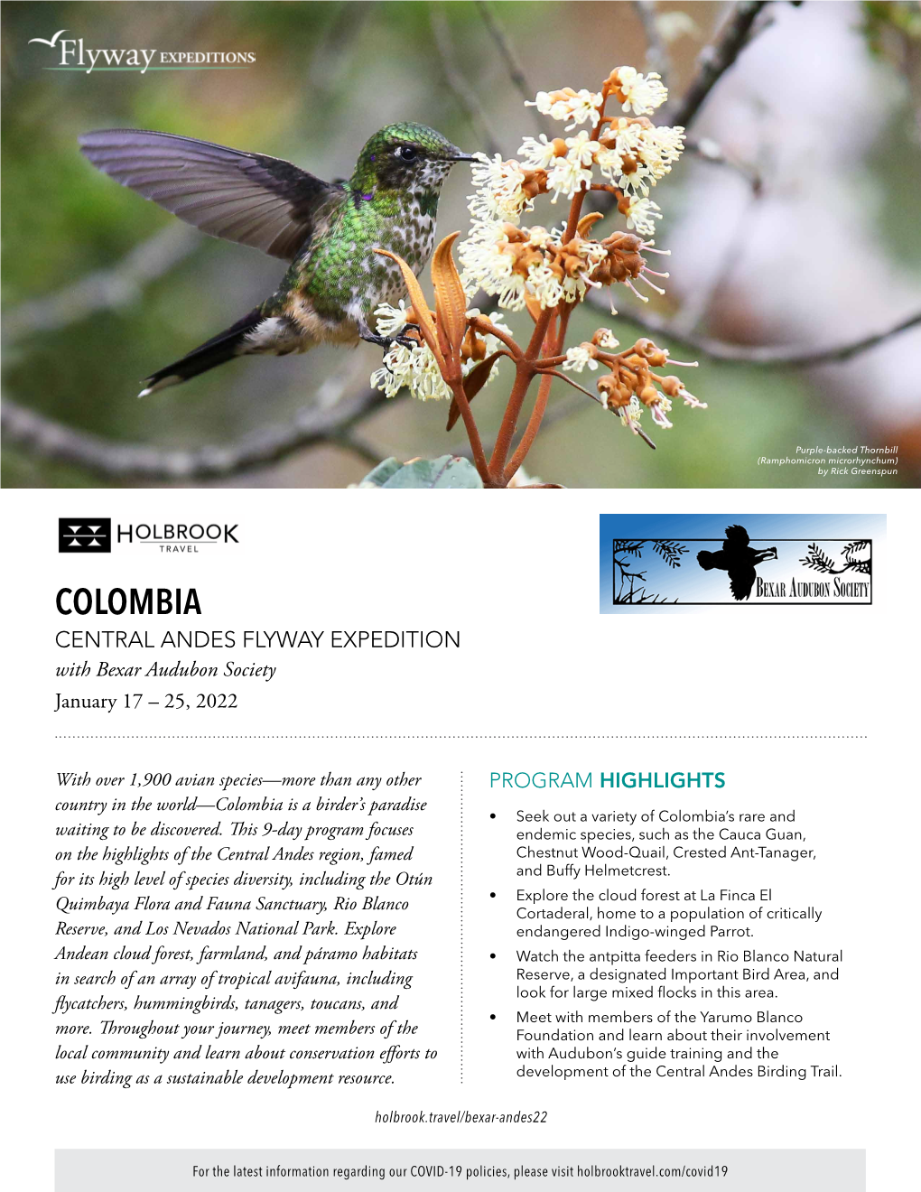Colombia Central Andes Flyway Expedition with Bexar Audubon Society January 17 – 25, 2022