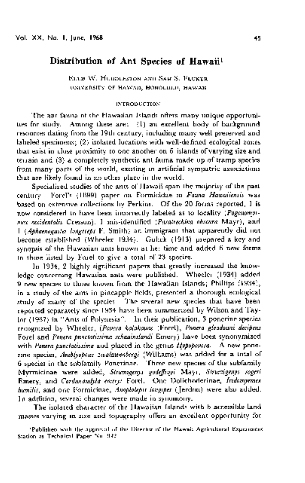 Distribution of Ant Species of Hawaii1