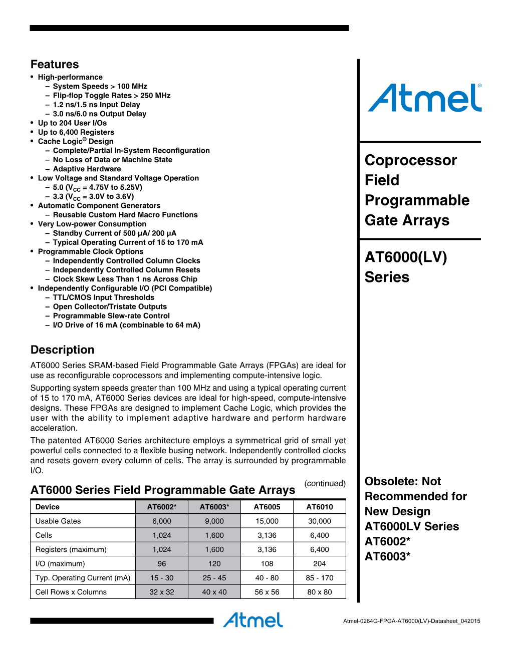 Coprocessor Field Programmable Gate Arrays AT6000(LV)