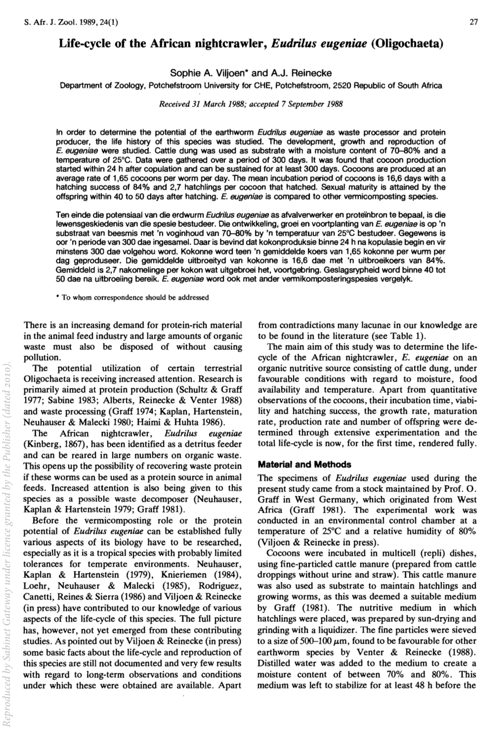 Life-Cycle of the African Nightcrawler, Eudrilus Eugeniae (Oligochaeta)