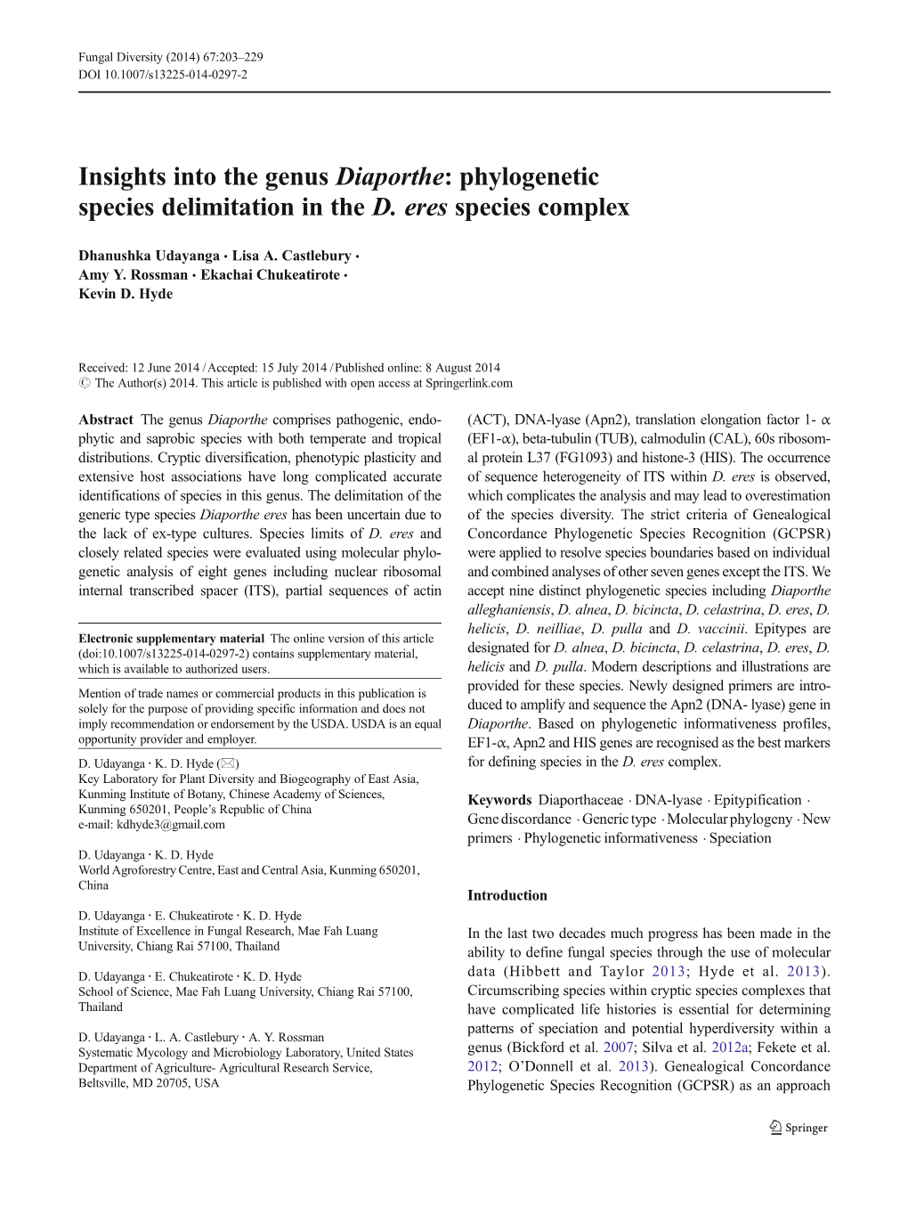 Phylogenetic Species Delimitation in the D. Eres Species Complex