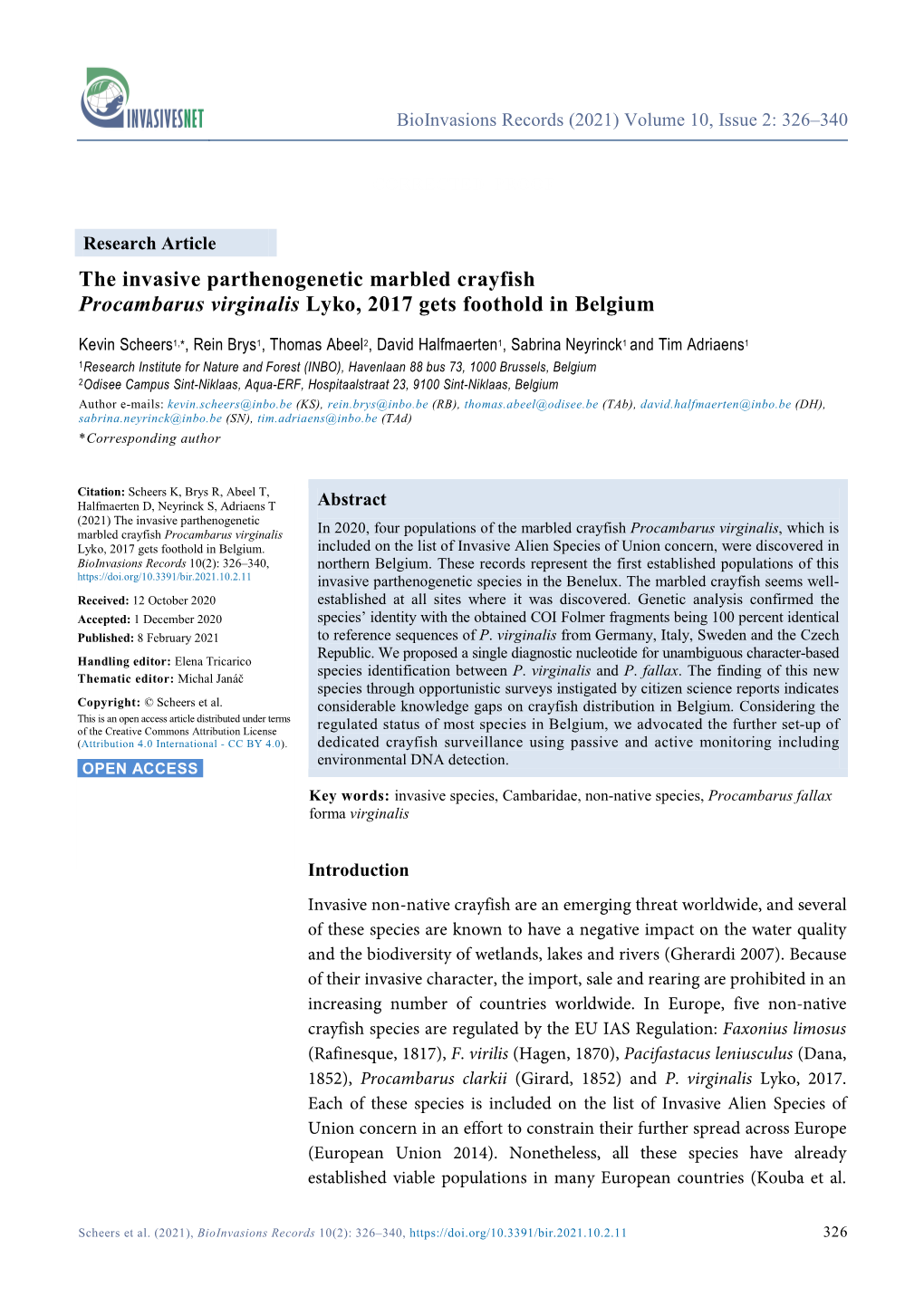 The Invasive Parthenogenetic Marbled Crayfish Procambarus Virginalis Lyko, 2017 Gets Foothold in Belgium