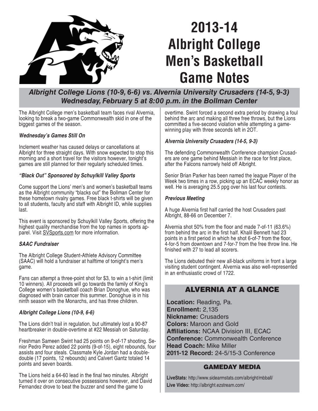 2013-14 Albright College Men's Basketball Game Notes