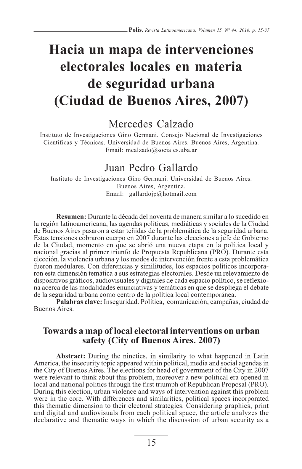 Hacia Un Mapa De Intervenciones Electorales Locales En Materia De Seguridad Urbana (Ciudad De Buenos Aires, 2007)