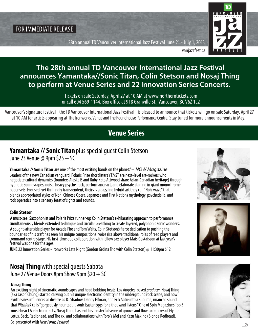 Venue Series and 22 Innovation Series Concerts