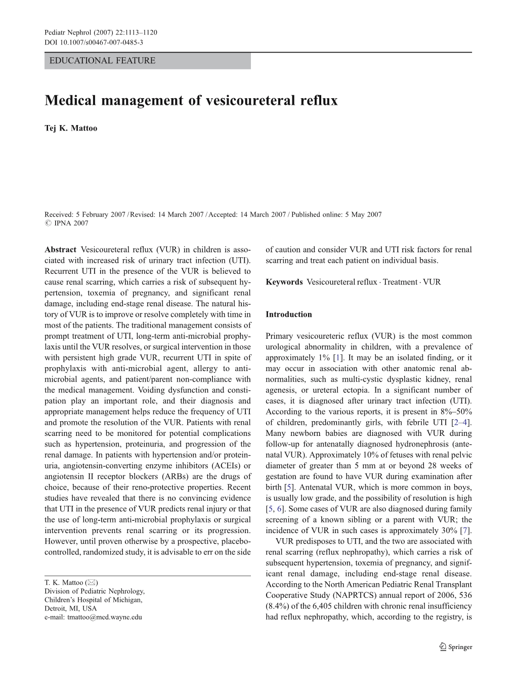 Medical Management of Vesicoureteral Reflux