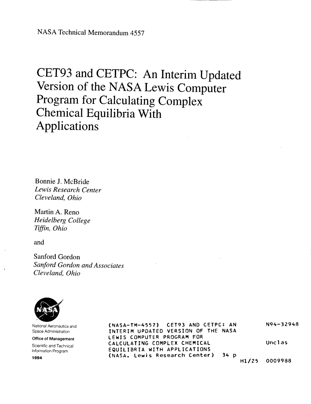 CET93 and CETPC: an Interim Updated Version of the NASA Lewis Computer Program for Calculating Complex Chemical Equilibria with Applications