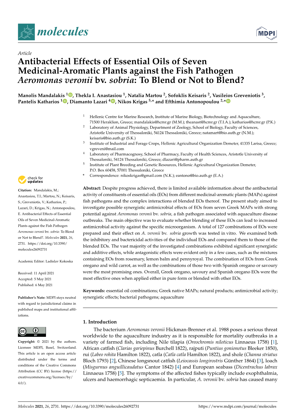 Antibacterial Effects of Essential Oils of Seven Medicinal-Aromatic Plants Against the Fish Pathogen Aeromonas Veronii Bv