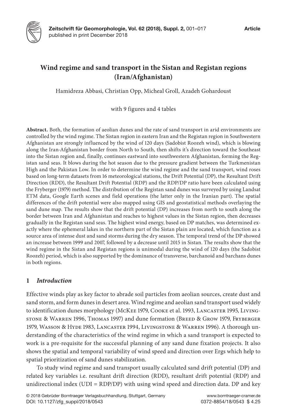 Wind Regime and Sand Transport in the Sistan and Registan Regions (Iran/Afghanistan)