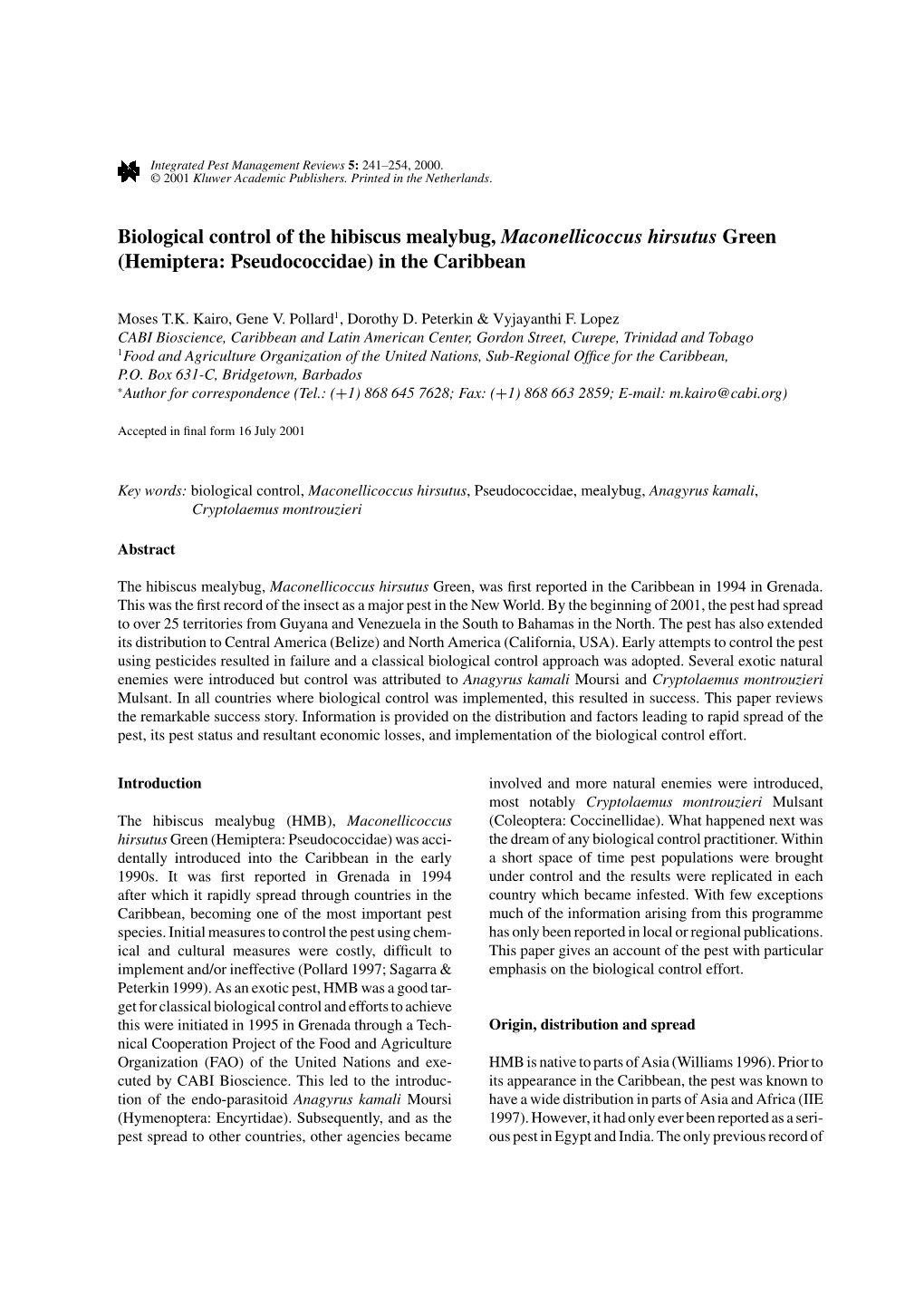 Biological Control of the Hibiscus Mealybug, Maconellicoccus Hirsutus Green (Hemiptera: Pseudococcidae) in the Caribbean