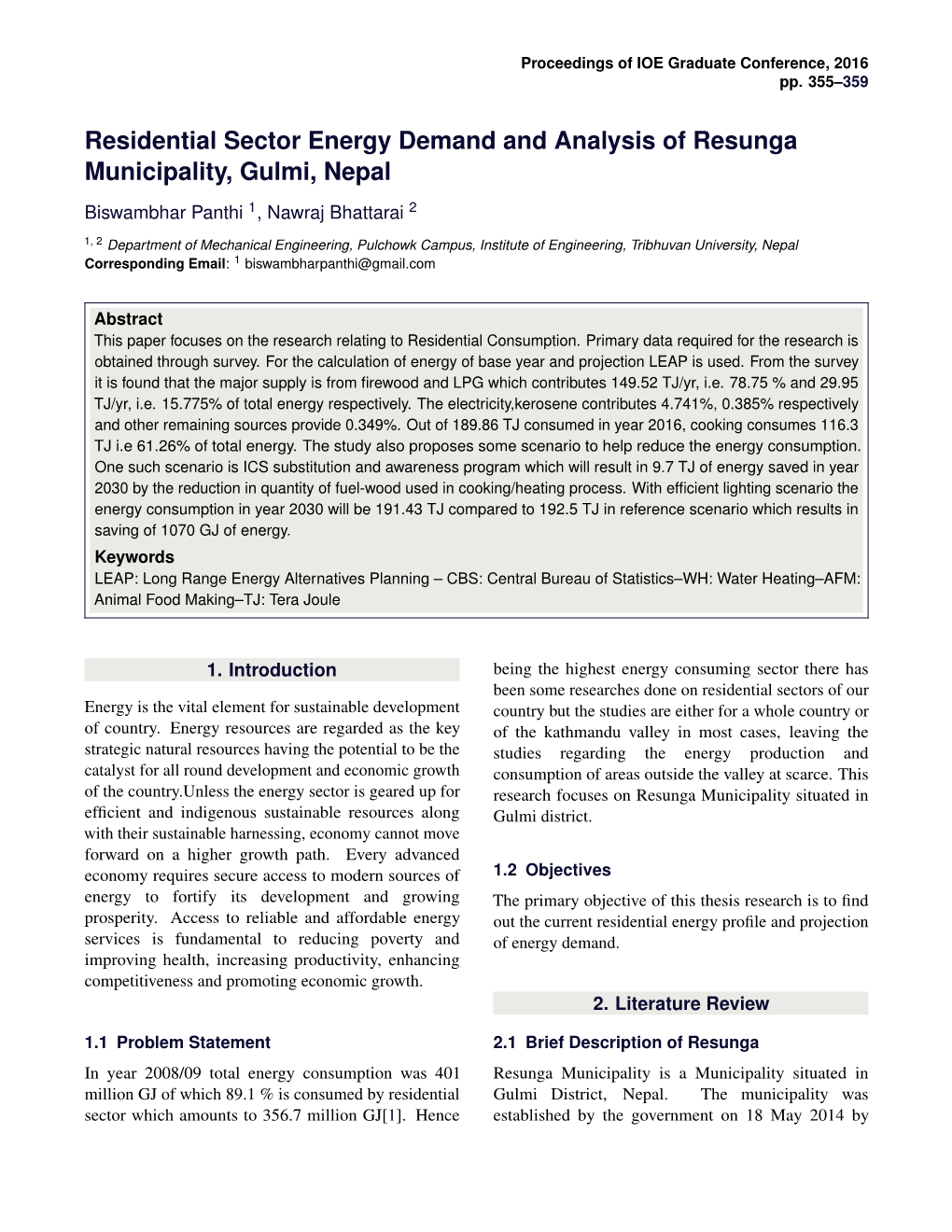 Residential Sector Energy Demand and Analysis of Resunga Municipality, Gulmi, Nepal