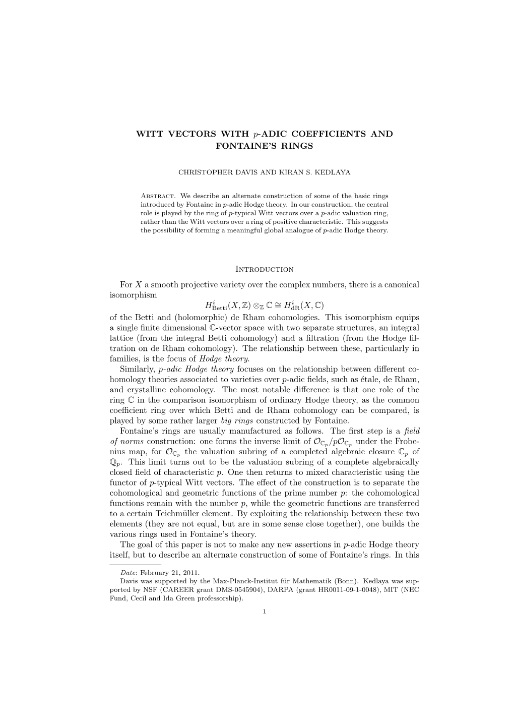 Witt Vectors with P-Adic Coefficients and Fontaine's Rings